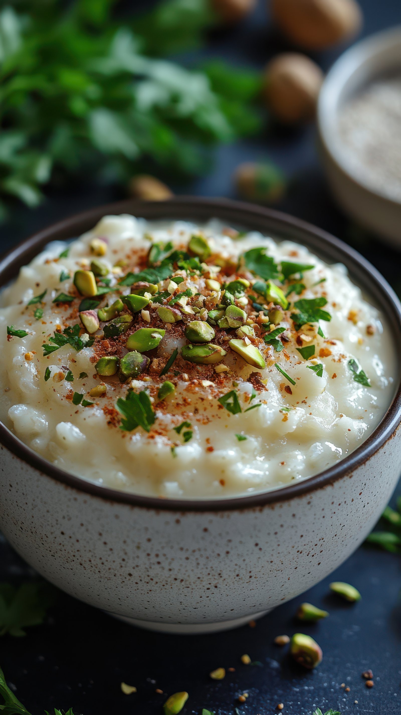 Smooth and creamy bowl of Indian yogurt preparation topped with spices and nuts for a flavorful breakfast delight
